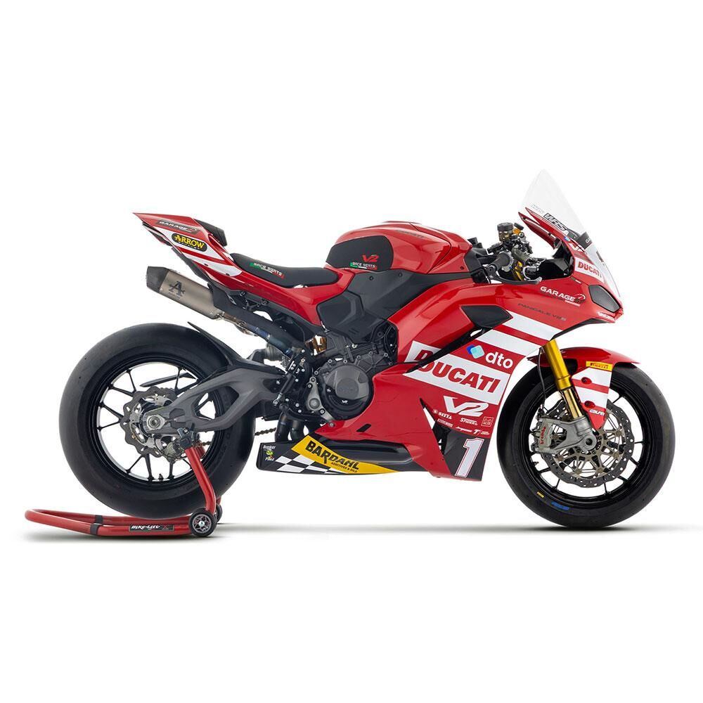ARROW 71266CP Half System Set :- ROUND-SIL Titanium Silencers with Carbon Fibre End Caps & Ti Link Pipes DUCATI Panigale V2 for 2025 >>