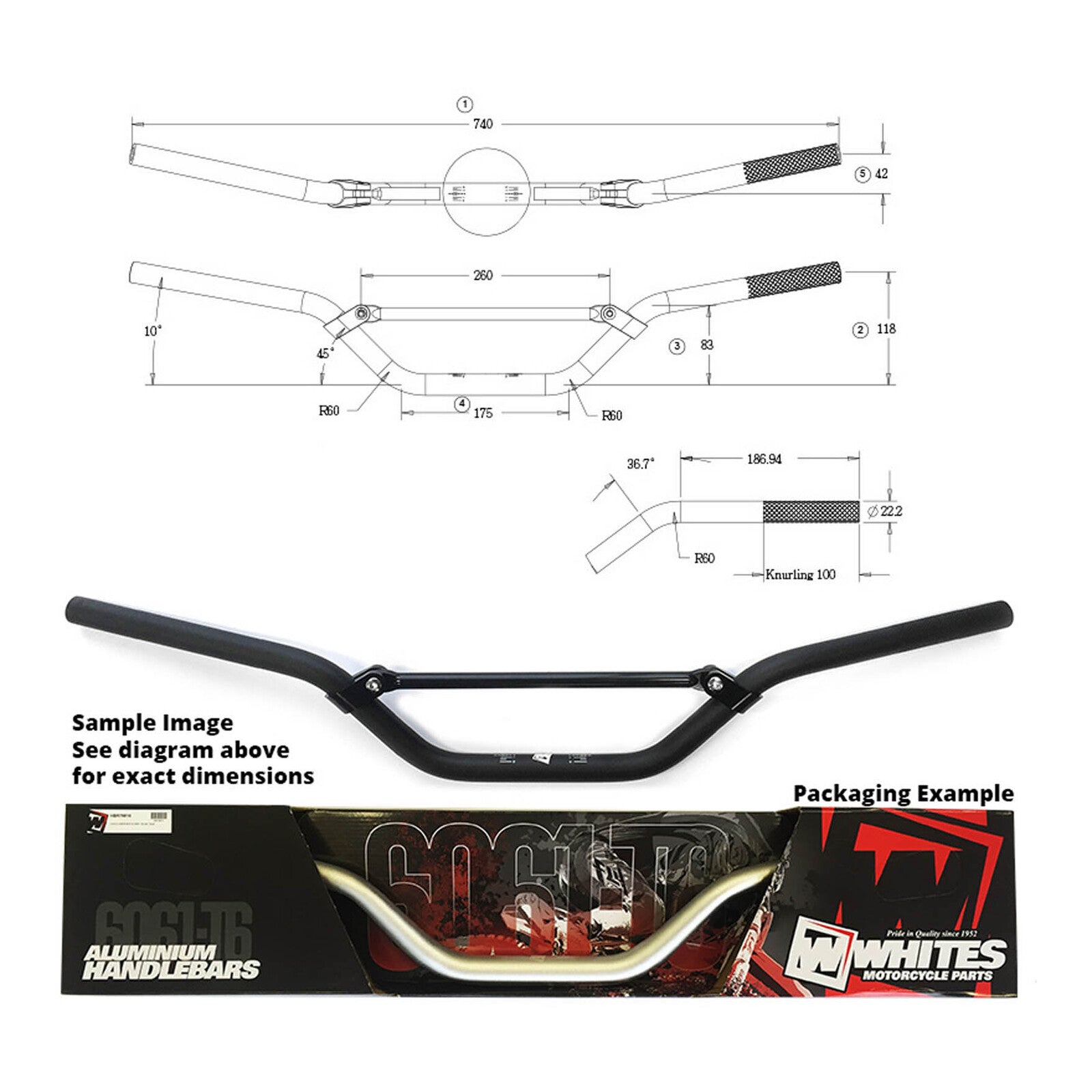 Whites Handlebar 7/8 AL6061 Black CR85 RM/KX65 YZ85/80 CRF150R