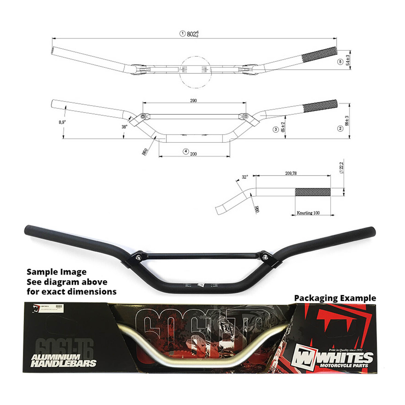 WHITES HANDLEBAR 7/8 AL6061 BLK CR125CRF250/450 KX250/450