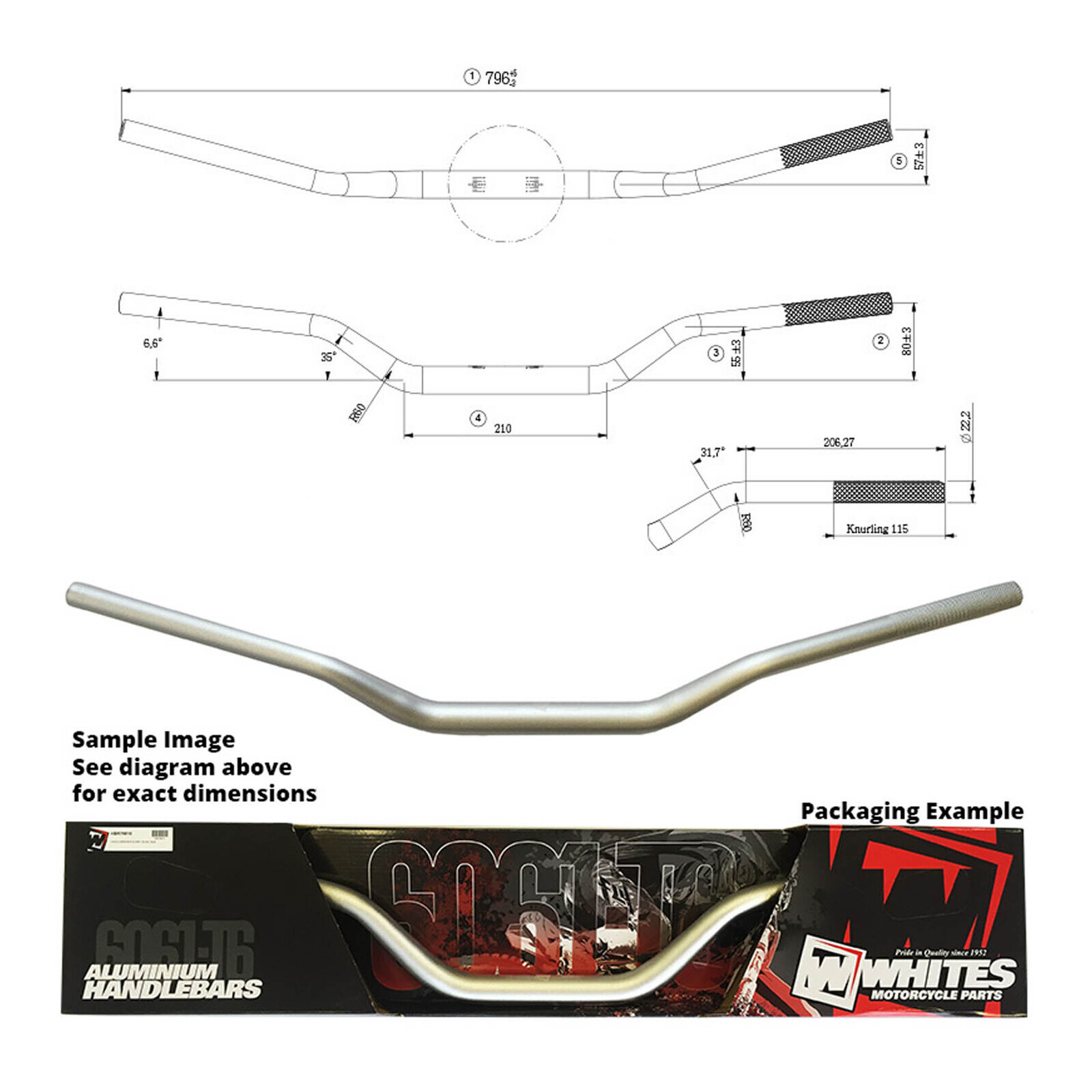 WHITES HANDLEBAR TAPER AL6061 SIL CR/RM/YZ/WR 1-1/8(28.6MM)