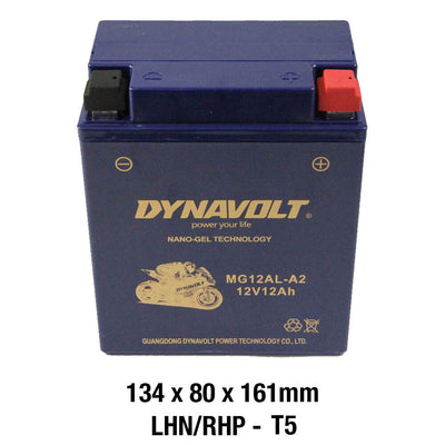 Dynavolt Batteries - DYNAVOLT, N-GEL: MG12AL-A2 / T5 [12AH CA235] CTN5 (DG8 - UN2800) - Shark Leathers